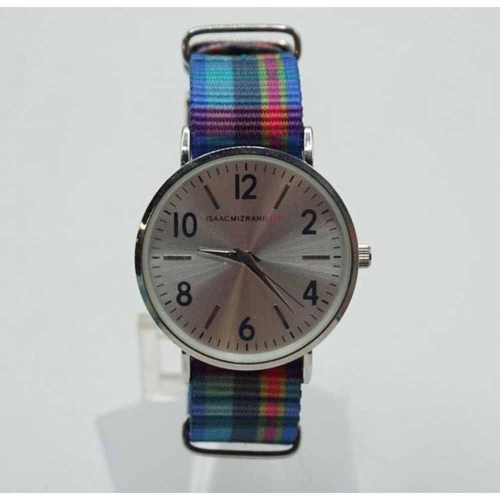 Isaac Mizrahi Live Ladies Analog Quartz Watch Silver Dial Plaid Nylon Strap 38mm